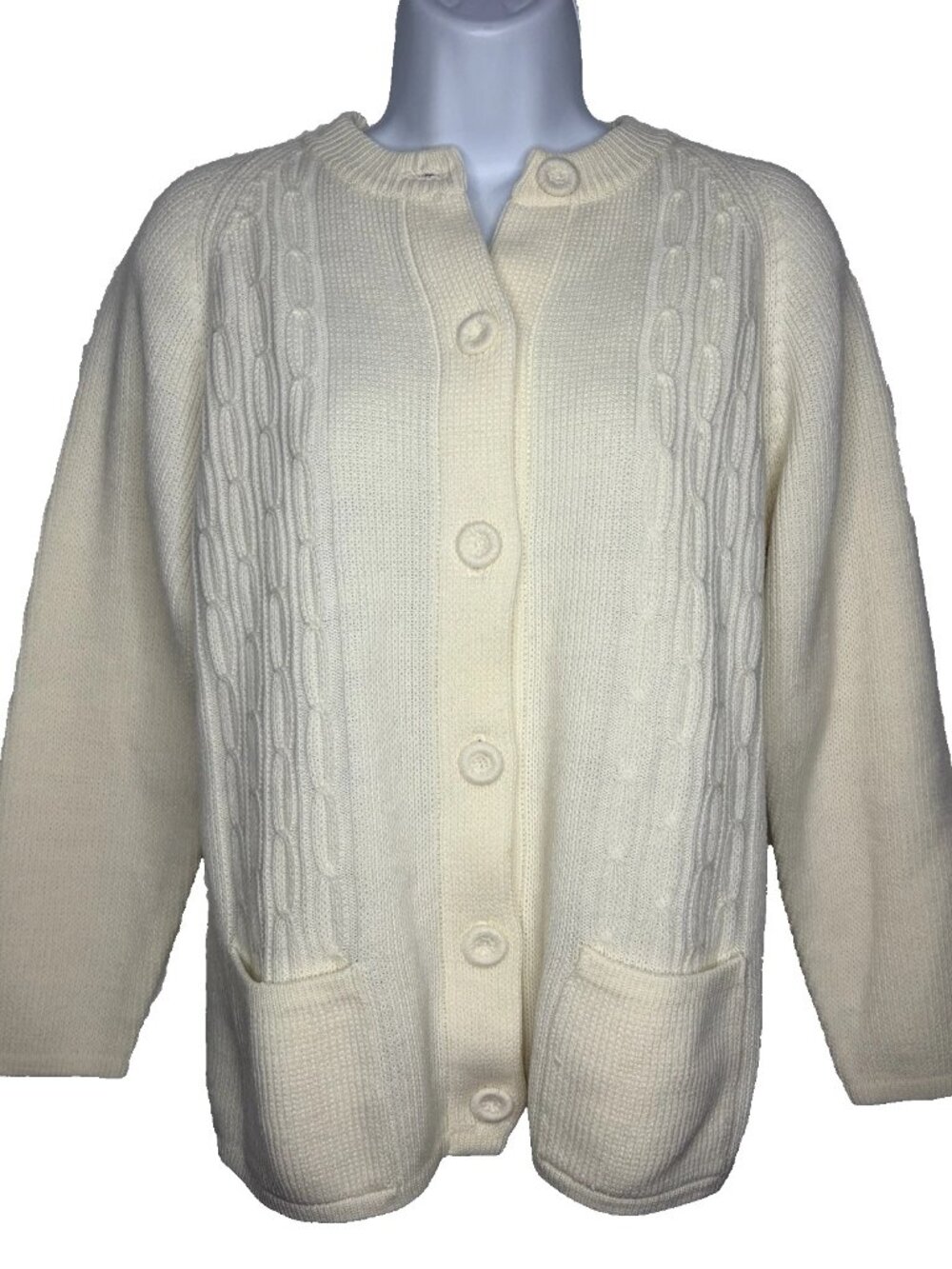 Vintage 70s Full Fashioned Cardigan Sweater Size M Ivory White Cable Knit Pocket